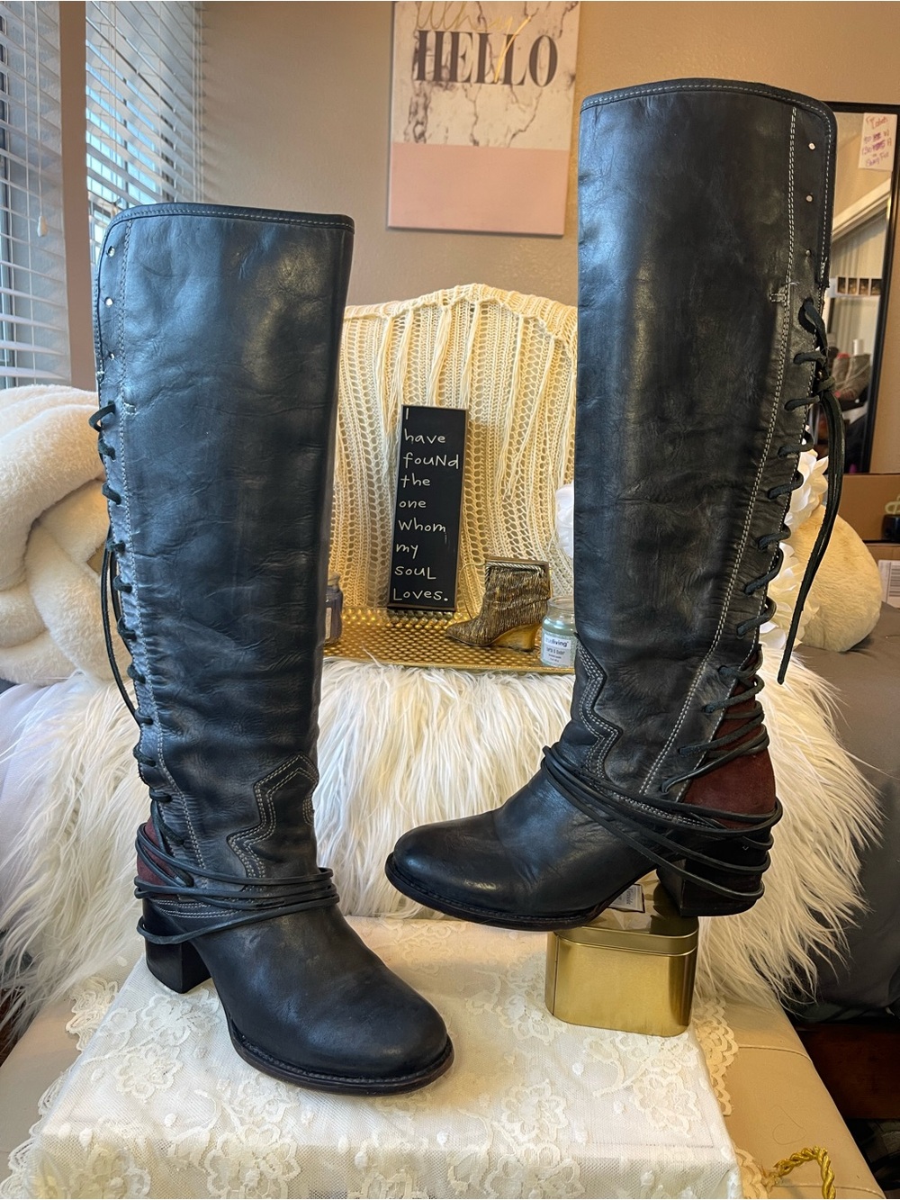Freebird EUC Coal Tall Leather Boots in Distressed Black w/Rich Burgundy Wine